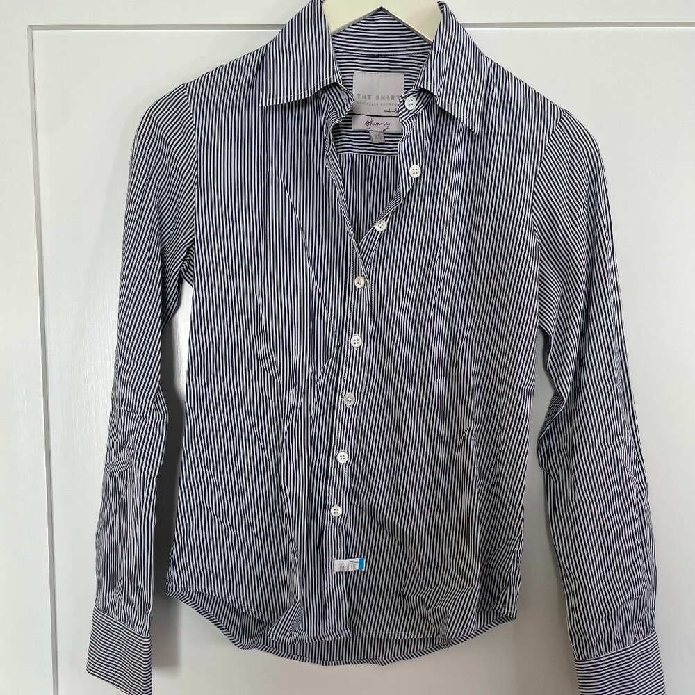 Shirt By Rochelle Behrens Blue & White Striped Skinny Button Up Sz XS
